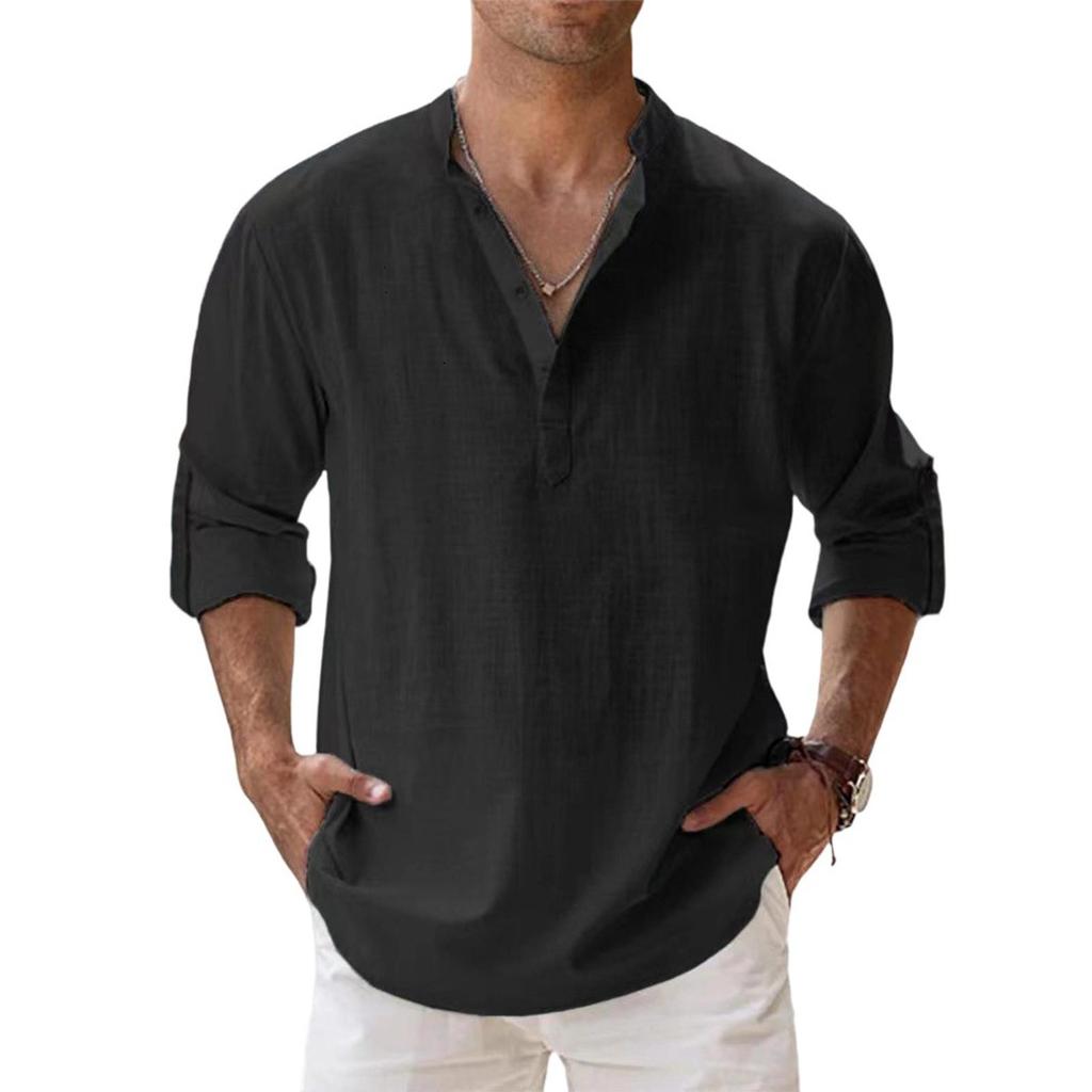 Men's Casual Loose Stand,up Collar Sweatshirt, Men's ,color Long,sleeved Cotton And Linen Shirt Top