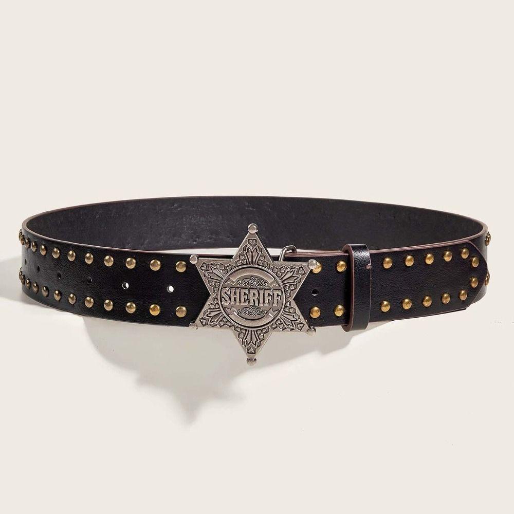 Wide Side Star PU Leather Belt Metal Buckle Trouser Decoration Y2k Style Waist Belt  Female/Girls