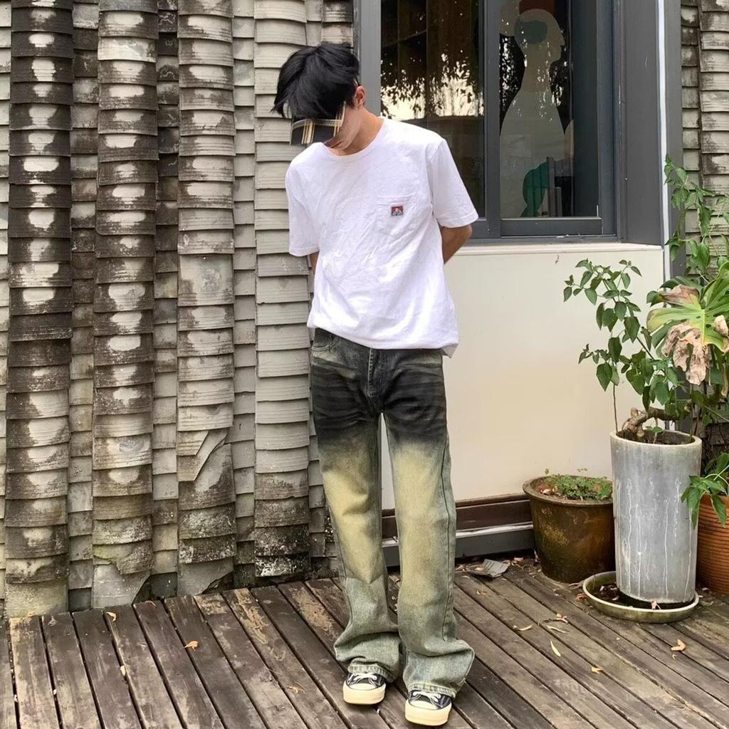 American Retro Jeans Boys Trendy Brand Spring and Autumn Old Pants High Street Vibe Straight Wide Leg Slightly Pulled Pants