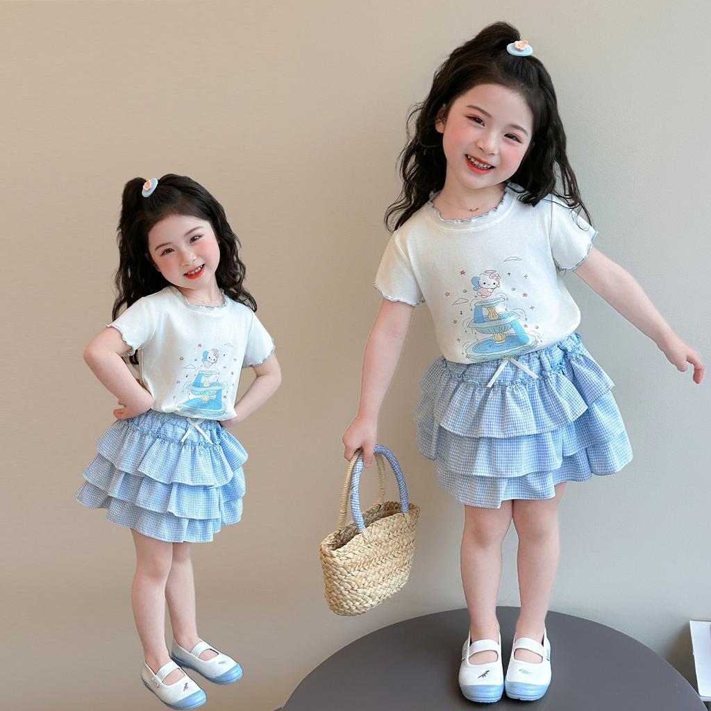 Girls' Summer Set 2026 New Fashionable Children's Summer Dress Short Sleeve Cake Skirt Two Piece Set for Baby Girls
