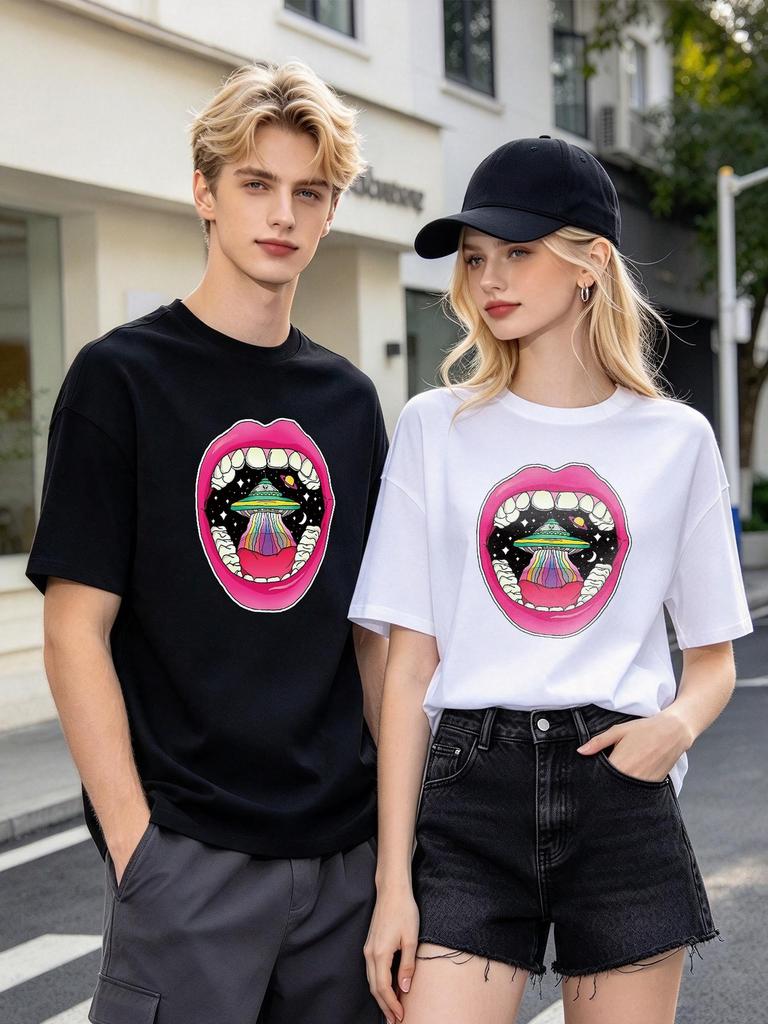 Unisex T-shirt Cool Mouth UFO Print Casual Soft Top Daily Streetwear
