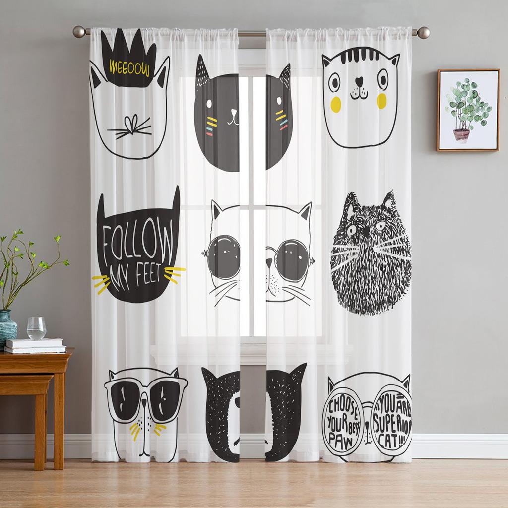 Cartoon Cat Kitty Drapes for Living Room Bedroom Kitchen Decoration Contemporary Kawaii Animal Pet Chiffon Sheer Curtain