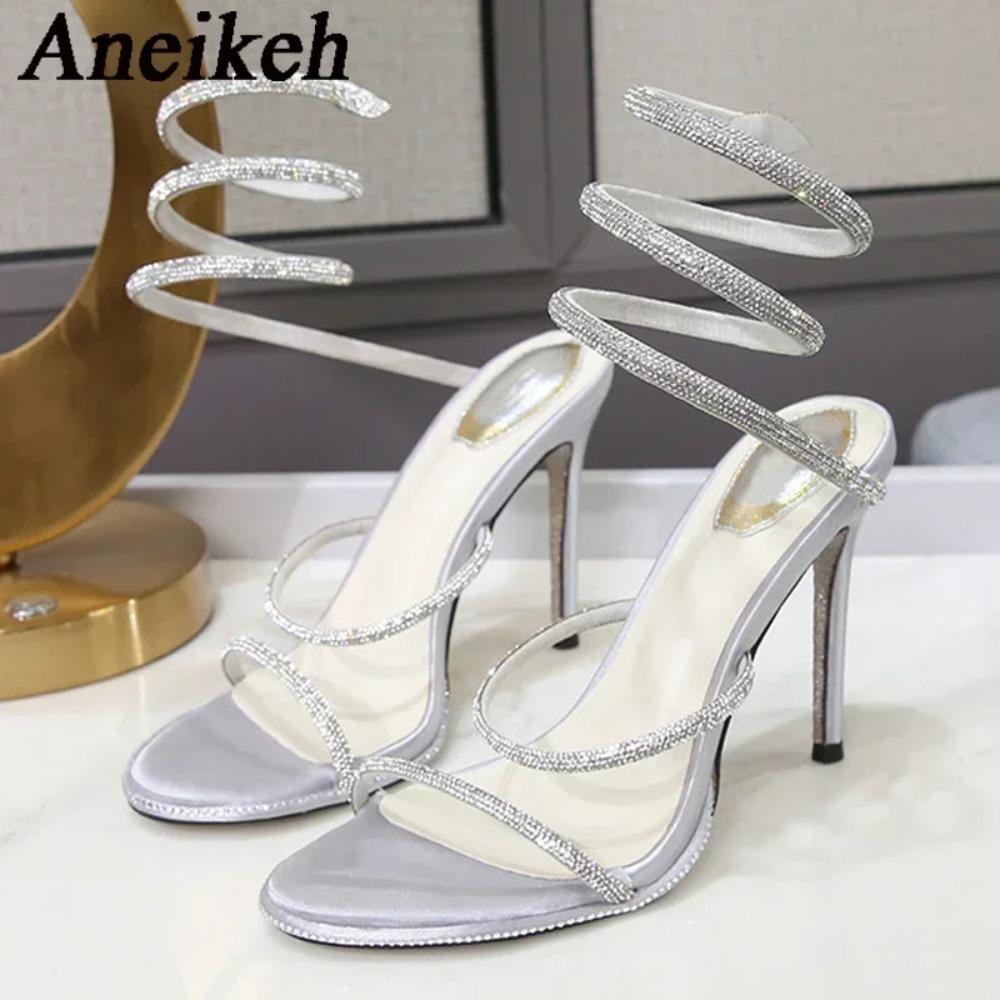 Fashion Summer Snake Twine Around Crystal Women Gladiator Sandals Luxury Rhinestones Thin High Heels Party Prom Shoes