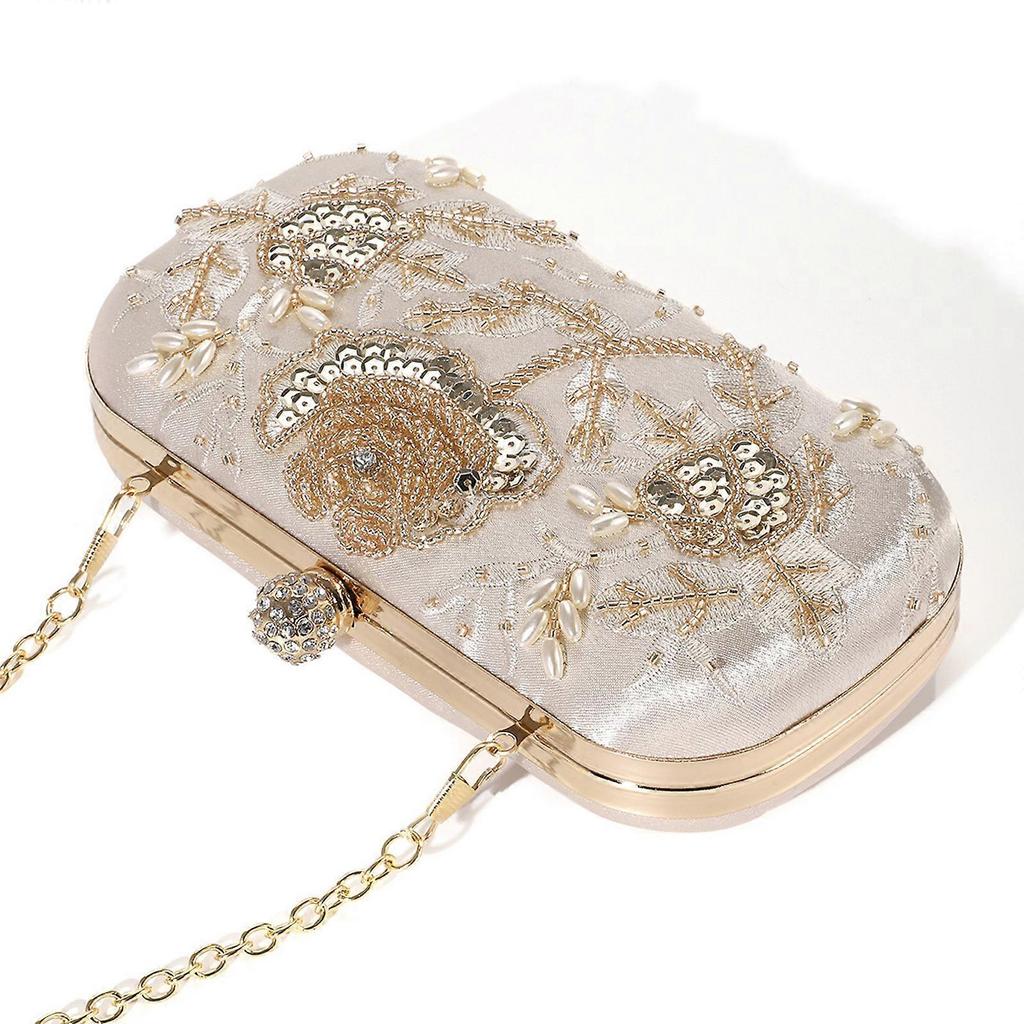 Elegant Floral Embroidered Beaded Bag Evening Bag For Women Lightweight Polyester Multipurpose Shoulder Handbag Silver