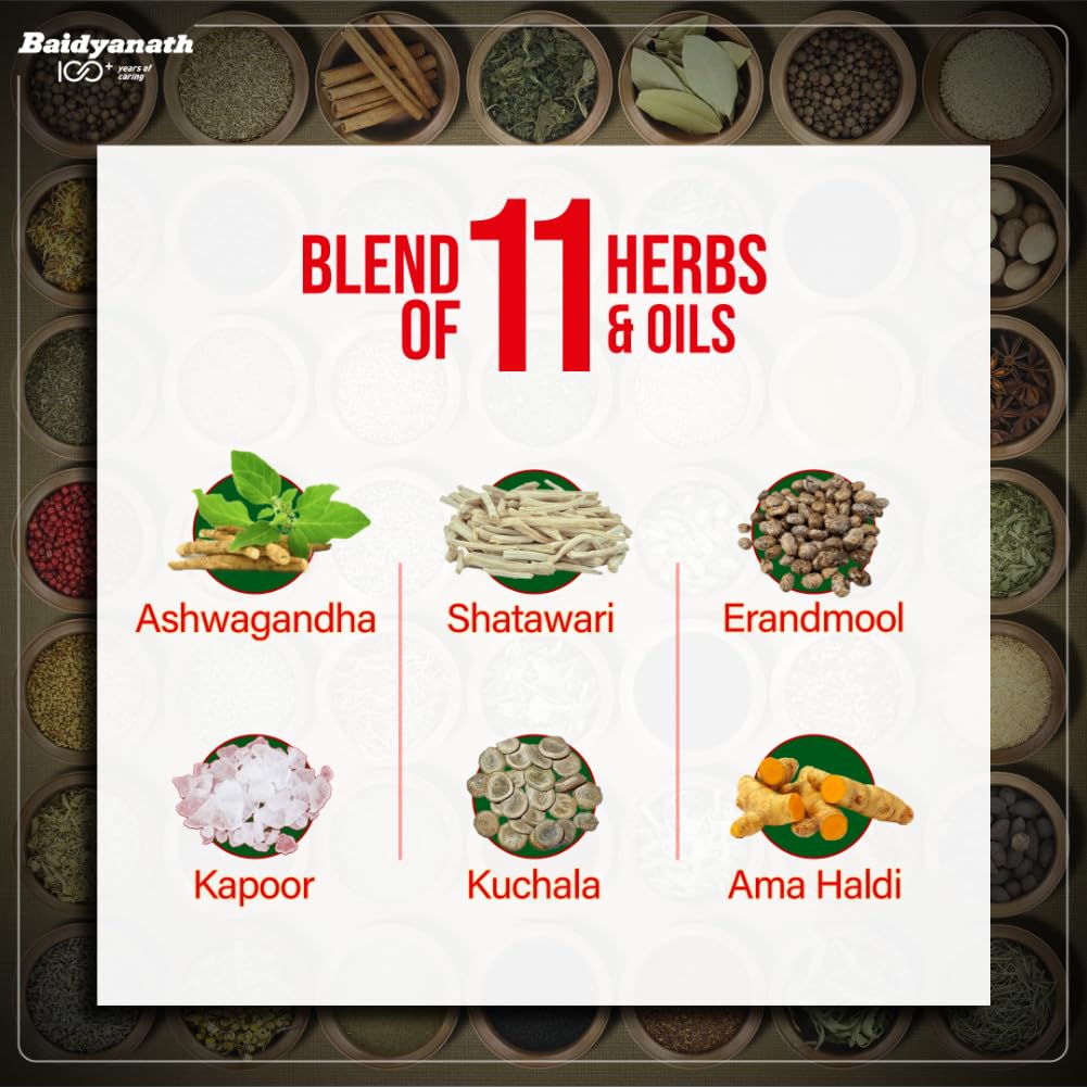 Baidyanath Rhuma Oil 100 ml Pack for Joint and Muscle Pain Relief with 11 Herbal Extracts for Sprains and Sports Recovery