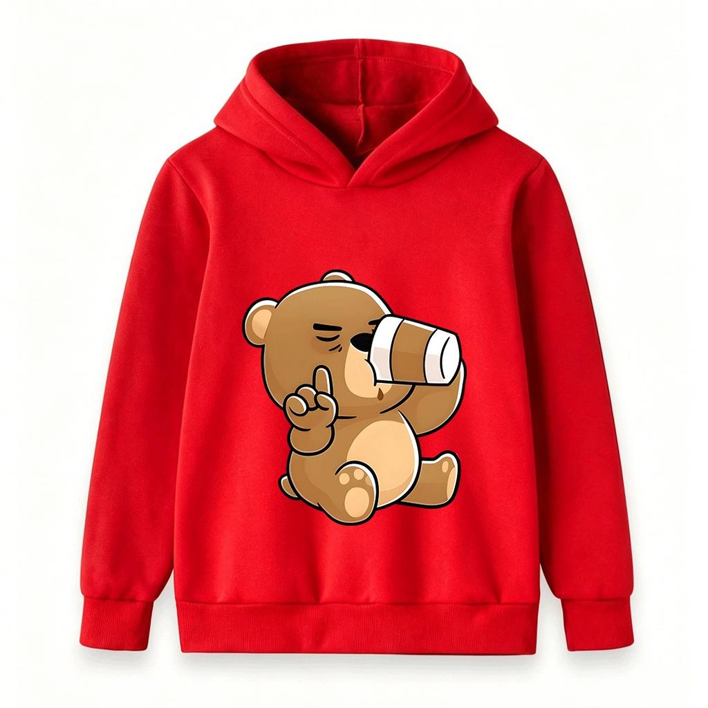 Cartoon Brown Bear Telescope Print Kids Unisex Hooded Sweatshirt Casual Soft Long Sleeve Pullover for Boys Girls