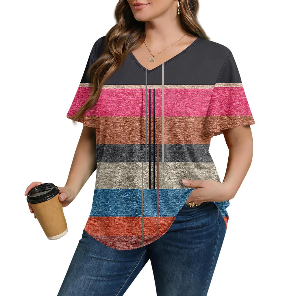 Women's Plus Size Fashionable Casual Loose-Fit Short Sleeve Elegant V Neck Blouse For Work