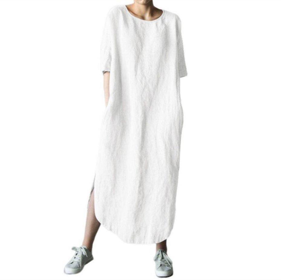 Cotton Linen Loose Fit Casual Dress With Pockets For Office Wear 2024 Autumn
