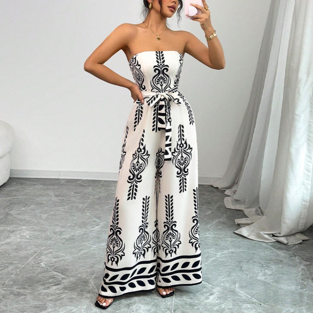 Women s Strapless Sleeveless Jumpsuit Slim Fit Elastic Waist Vacation Print Wide Leg Romper S