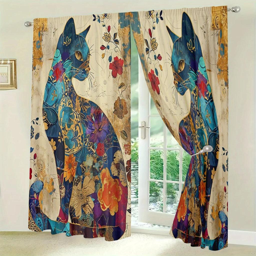 2pcs- Bohemian Cat Print Curtains   Pole Bag Curtains 42*84   Bedroom and Living Room   Home Decoration   Room Decoration