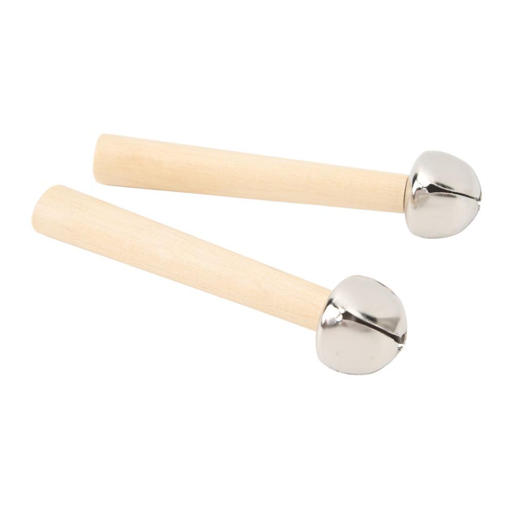 2PCS Silver+Wood Color Orff Hand Bells Clear Pleasant Sounds Wooden Hand Bells Music Learning