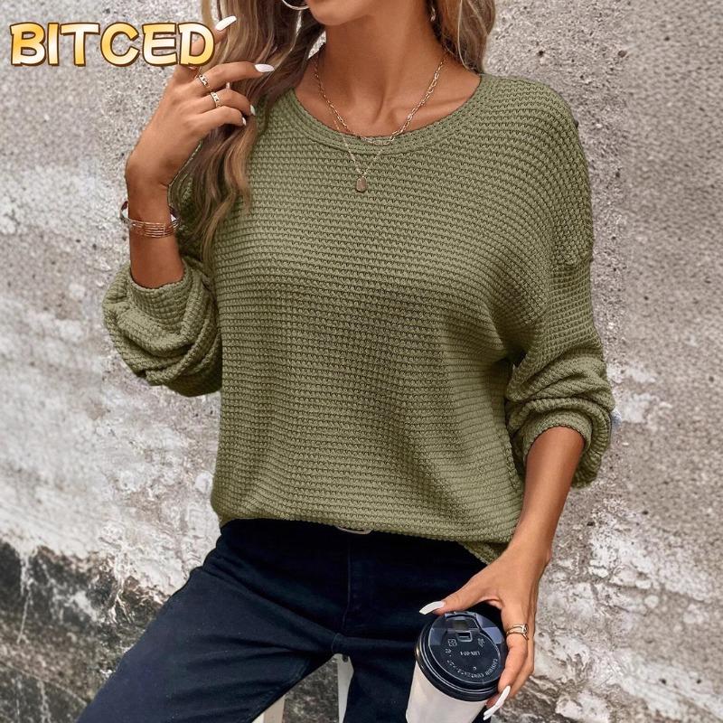 BITCED Women's Fashion Casual Solid Color Print Long Sleeve O-Neck Blouses & Shirts
