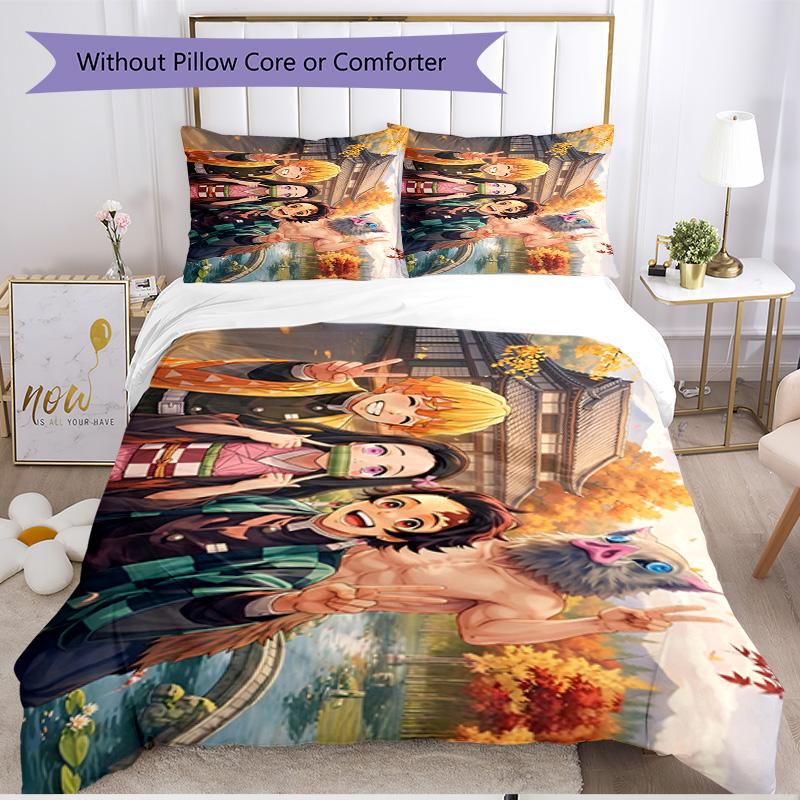 Set cuvertură de pilota 3 buc (1 * Husă de pilota + 2 * Față de pernă, Fără Miez), Set de așternut moale cu imprimeu Demon Slayer, pentru toate anotimpurile, Decor pentru dormitorul de acasă, Cadou
