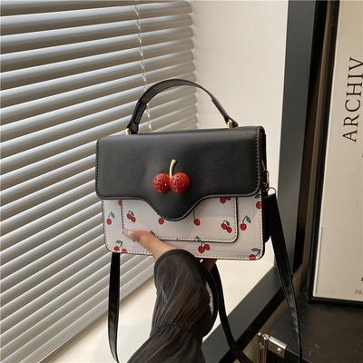 2025 New Cute Cherry Printed Messenger Bag Portable Small Square Bag Fresh Contrasting Color Design Girls Bag