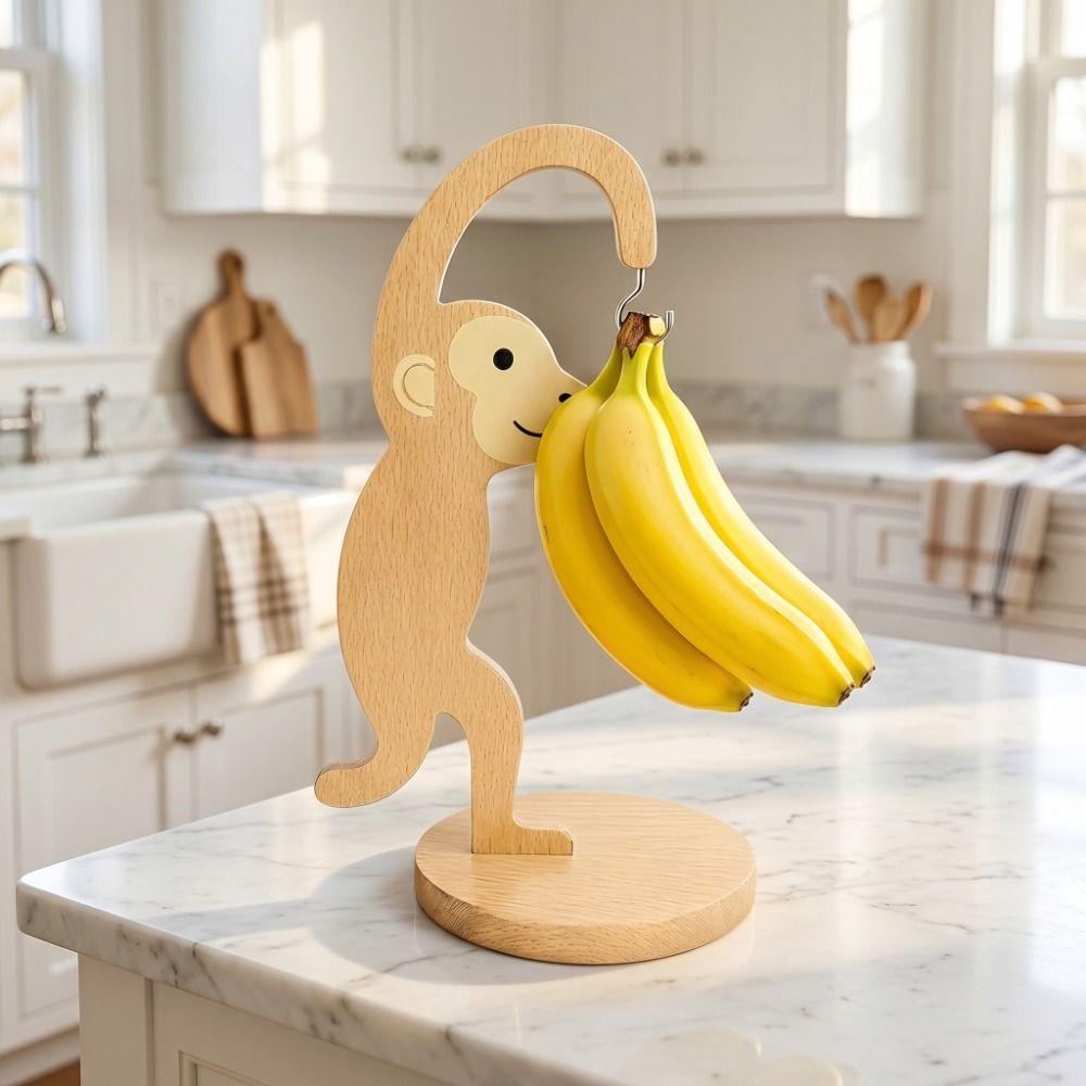Wooden Material Wooden Banana Hanger Keep Bananas Fresh Stainless Steel Hook Monkey Shape Banana Holder Vertical Design