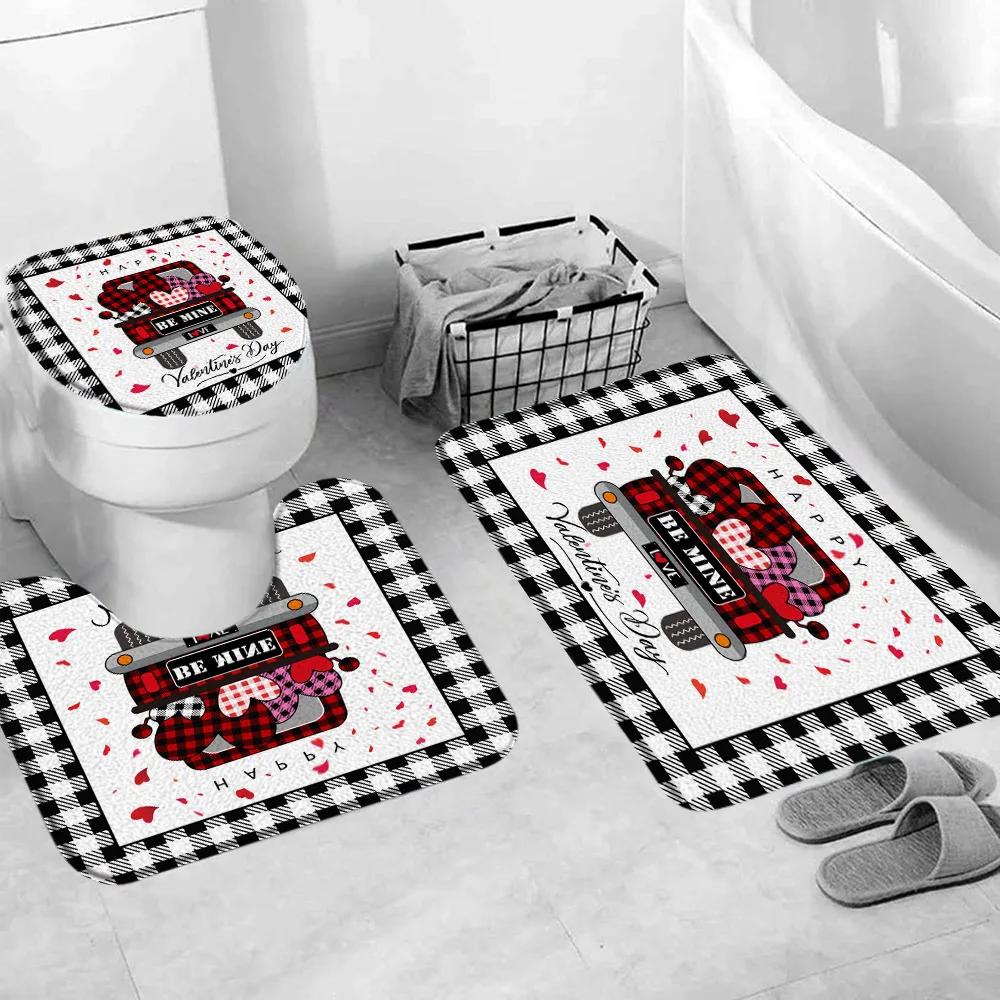 Valentine's Day Shower Curtain, Rose High Heels Lipstick Perfume Bottle Black and White Striped Romantic Bath Mat Bathroom Decor