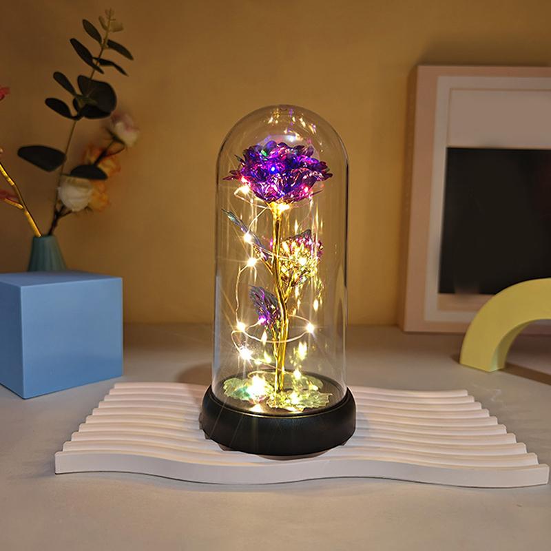 1 Set Light Up Wedding Galaxy Rose Decor Artificial Flowers Led Red Rose Valentine'S Day Gift Rose In Acrylic Cover Stand