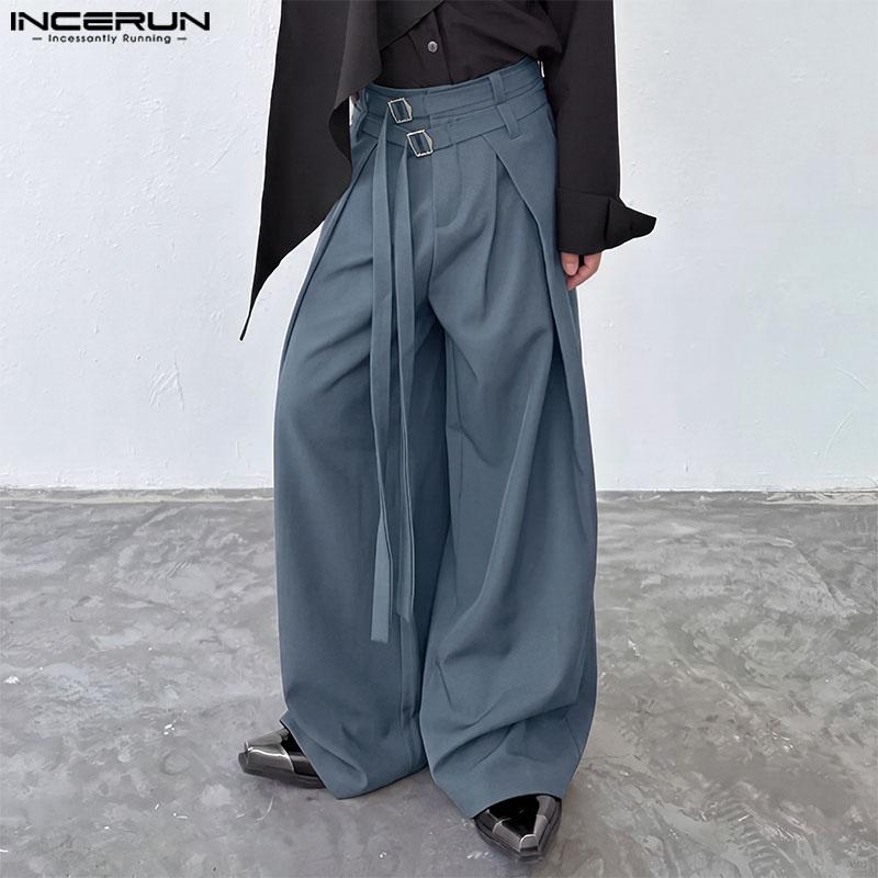 INCERUN Men Double Buckle Belt Drape Loose Fit Wide Leg Pants Long Trousers