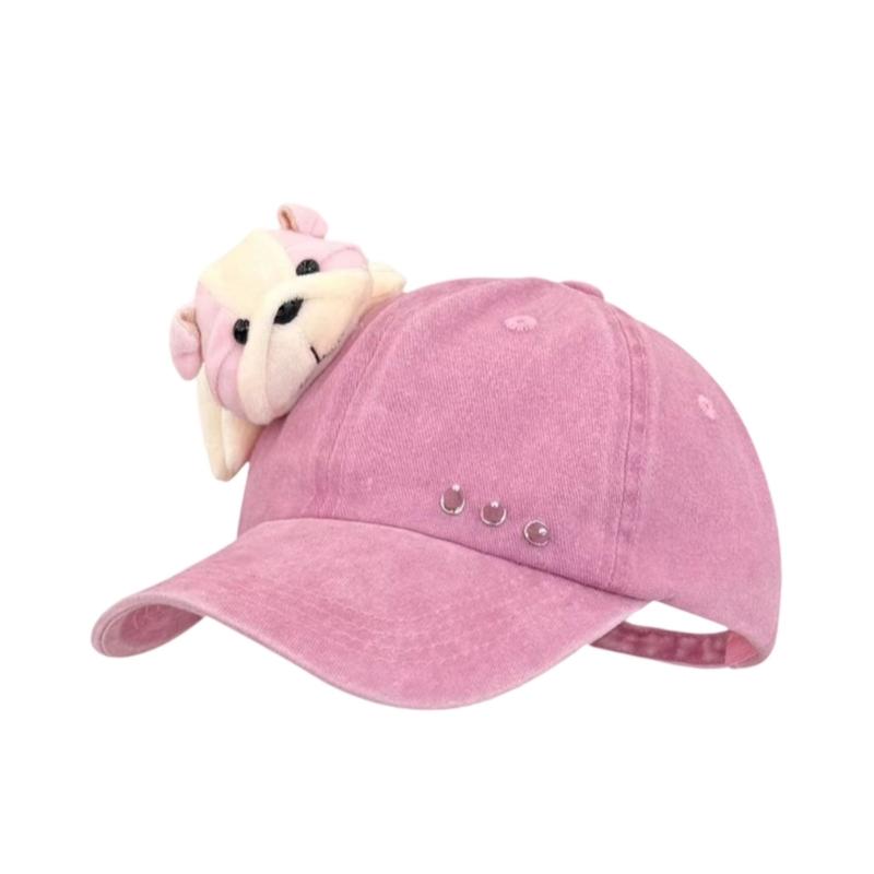 Distressed Cotton Baseball Cap For Women Teens Adjustable Band Cartoon Stuffed Dog Design Snapbacks Hat for Streetwear