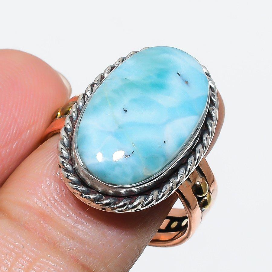 Natural Larimar Gemstone 925 Solid Sterling Silver Gift Two Tone Ring S.10 w7p24