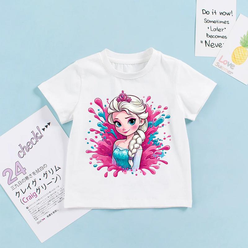 Gefrorene Elsa T-Shirt Cartoon Anime Figur Druck kleine Mädchen Kinder im Alter von 3-8 Mode Süße Oberteile Sommerkleidung Kindergeschenk