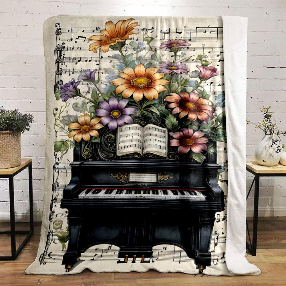 Vintage Piano Floral Music Blanket Bedroom Blanket for Livingroom Couch Lunch Break Soft Throw for Friend's Festival Gift