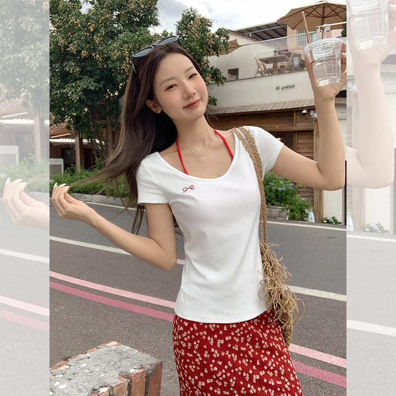 Korean Bow Embroidery Design Short-sleeved T-shirt Women's Summer New Slim and Thin Off-the-shoulder Top