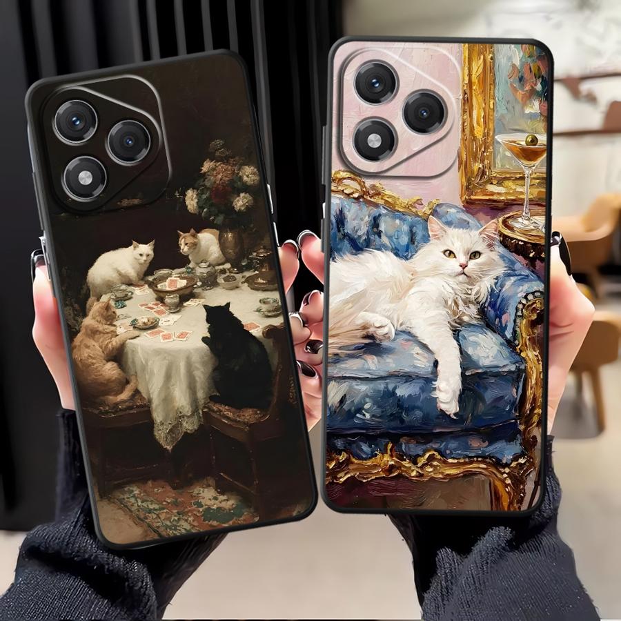 Case for Honor 200 400 Lite 8X X5b X8 X6 70 X9a X7 Magic5Lite 90 Funda Phone Cover Cartoon Oil Painting Cat
