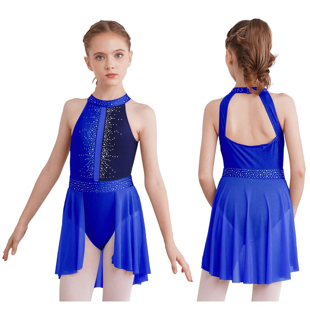 Kids Girls Sleeveless Shiny Rhinestone Decor Backless Leotard Dress for Lyrical Contemporary Dance