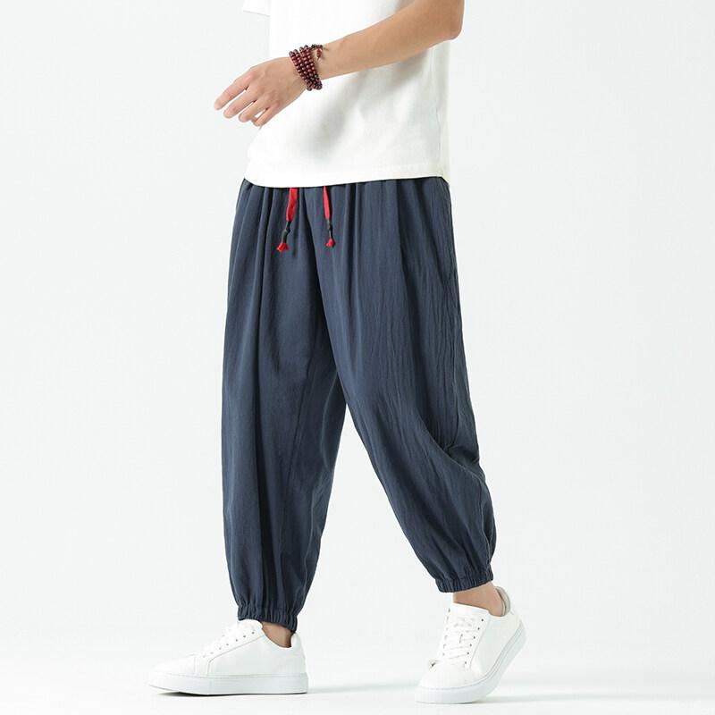 Spring Summer Men's Hemp Pants Loose Drawstring Lantern Pants Haren Pants Japanese Casual Pants