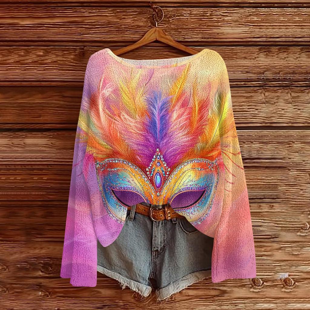 Women's Fashion Round Neck Long Sleeve Print Casual Pullover Sweater Top