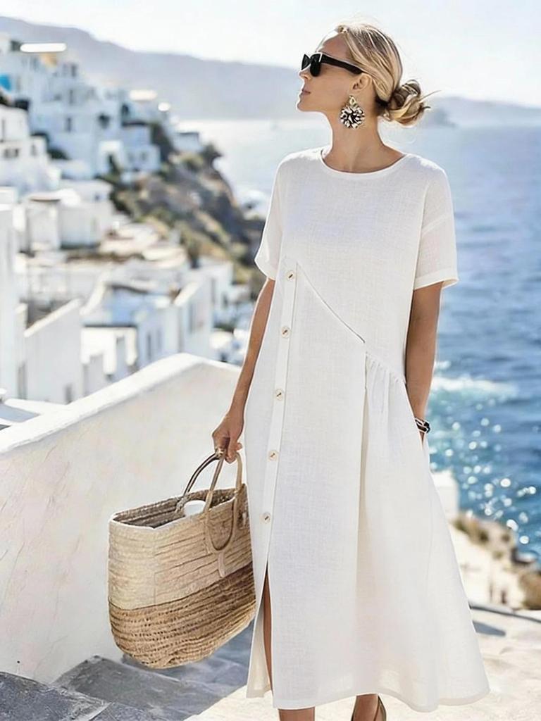 2026 Europäisches & Amerikanisches Lässiges Mittellanges Kleid mit Knopfdekoration und Faltenaschen