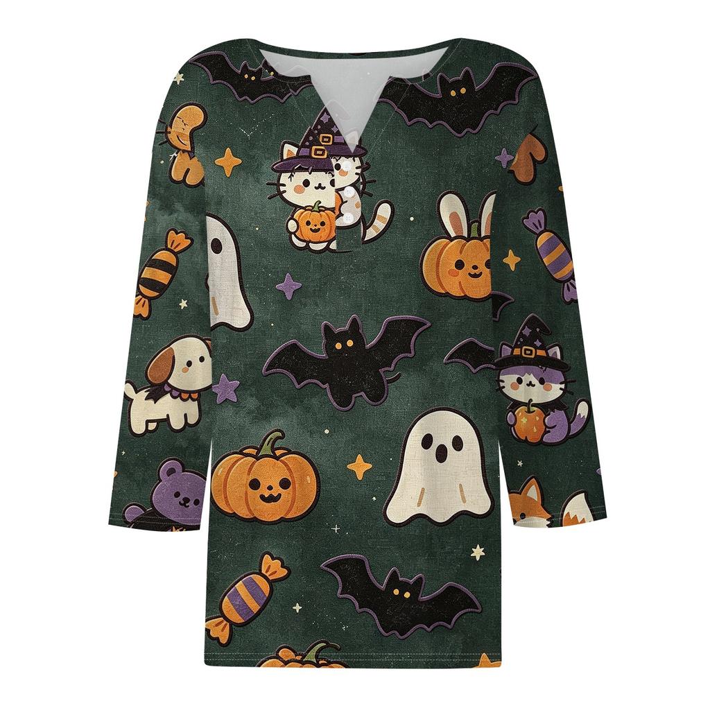 Lady's fashionable casual V-neck buttoned Halloween print three-quarter sleeve