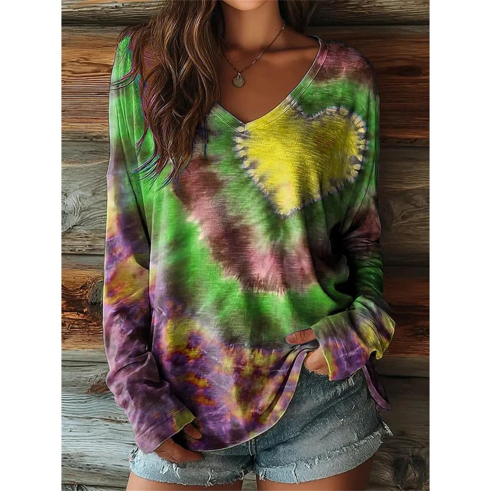 Women's Autumn Long-Sleeve T-Shirt V-Neck Loose Fit Patchwork Style with Irregular Geometric Print Trendy Street-Style Top