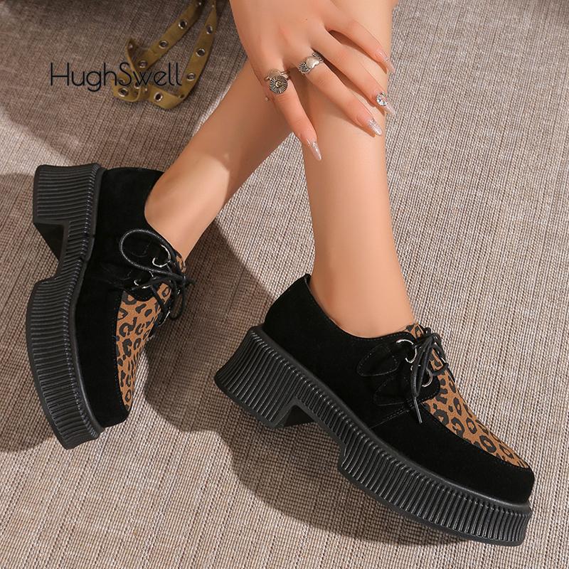 Mode Leopard Creeper Sneaker Frau Herbst Wildlederimitat Plateau Schuhe Damen Dicke Sohle Schnürschuhe Kleid Oxford Zapatos De Mujer