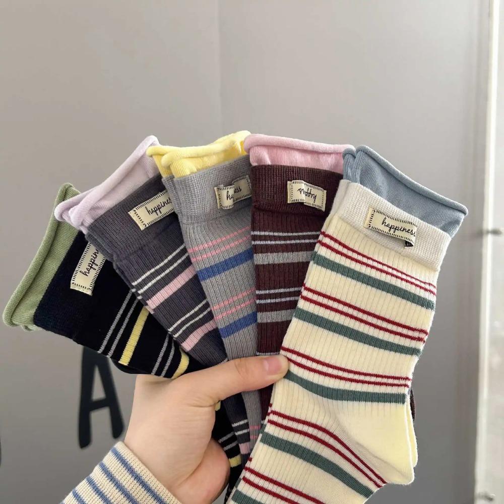 Japanese Women Socks Autumn and Winter Korean Color Matching Middle Tube Socks Casual Fashion Striped Knitted Cotton Long Socks