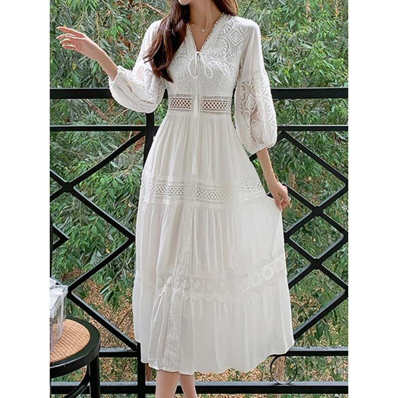 Λευκό μακρύ φόρεμα Γυναικεία καλοκαιρινά Boho δαντελένια φορέματα Γυναικείο φόρεμα για διακοπές στην παραλία
