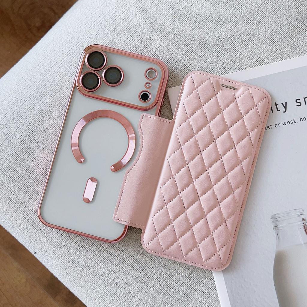 Applicable To iPhone17 Magnetic Mobile Phone Case Rhombus Flip Card Leather Case 17pro Electroplating 17 Anti-drop Protective Case