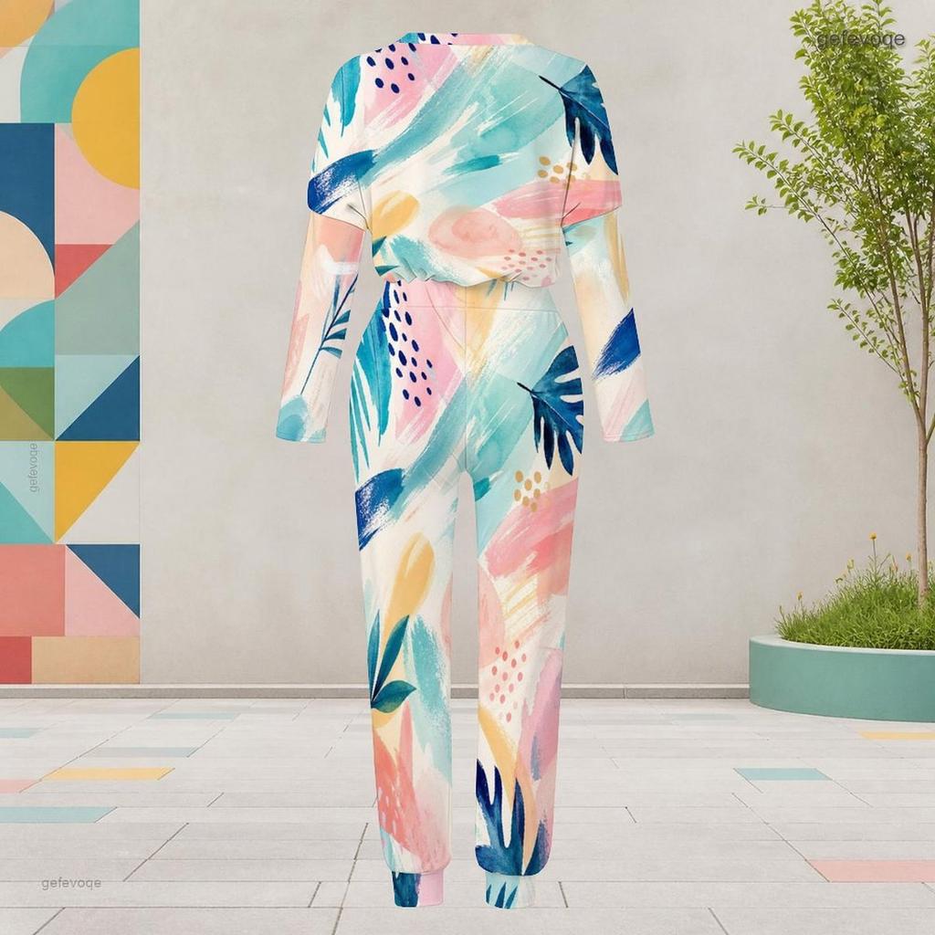 Women Plus Size Round Neck Long Sleeve Printed Two Piece Set Cuffed Top Cuffed Pants With Pockets