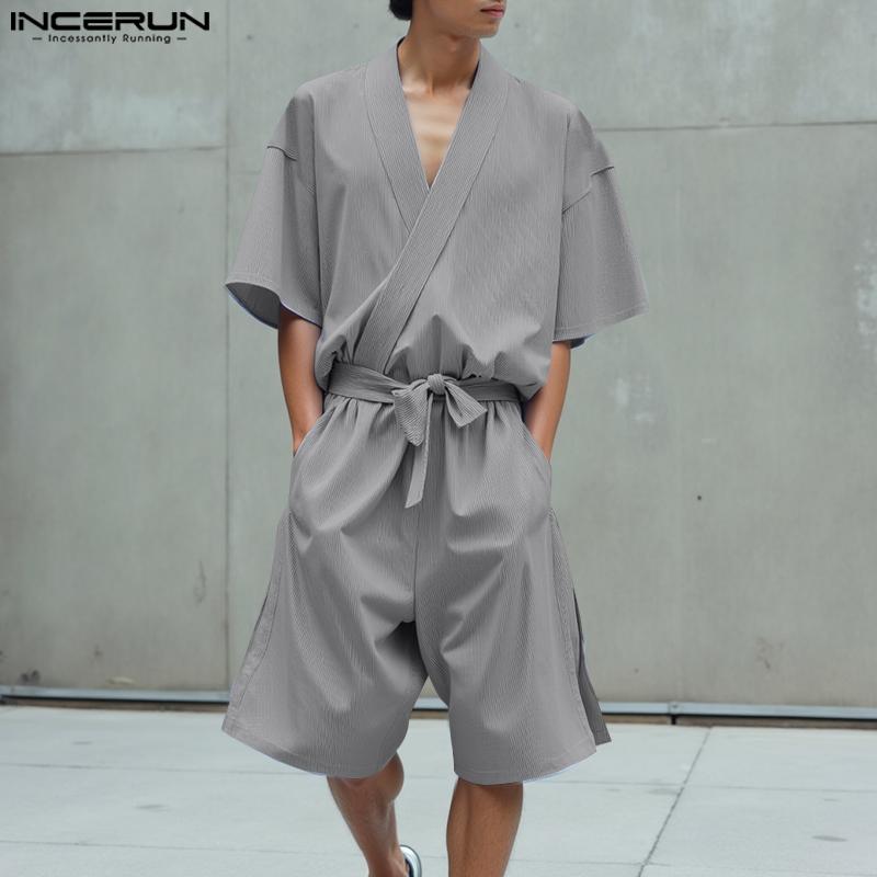 INCERUN Two Piece Suit Summer Men Short Sleeve Front Cross Shirts Bandage Pants Outfits Sets