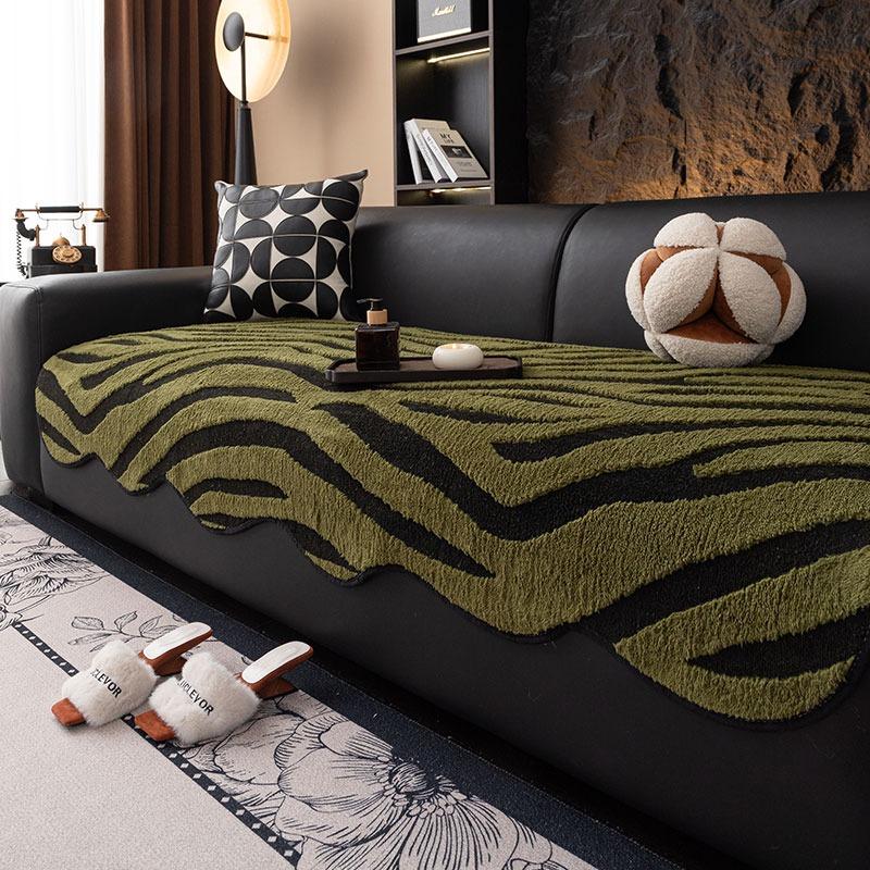 1pc Zebra Stripes Jacquard Fleece Sofa Cover, Black & White Retro Modern Couch with Anti-Slip Sofa Towel Fit for 1/2/3/4 Seater