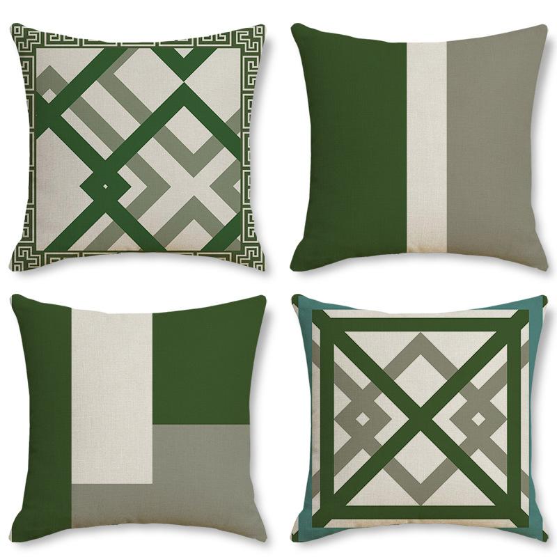 Light Luxury Green Linen Sofa Pillow Dark Green Geometric Pattern Pillow Bedside Cushion Cushion Pillow Cover