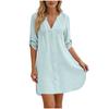 Women’s V Neck Button Down Tunic Shirt Dress with 3/4 Roll Tab Sleeves and Pintuck Front Casual Loose Fit