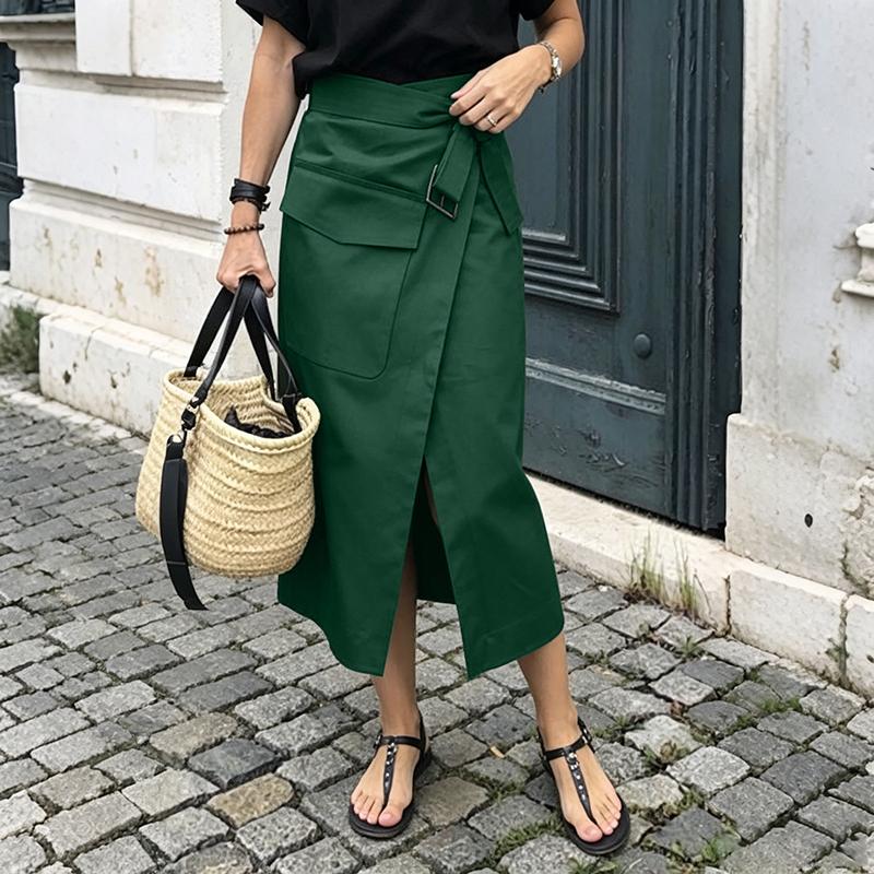 ZANZEA Women Elegant Casual Slit Hem Solid Color Loose Midi Skirt M темно-зеленого