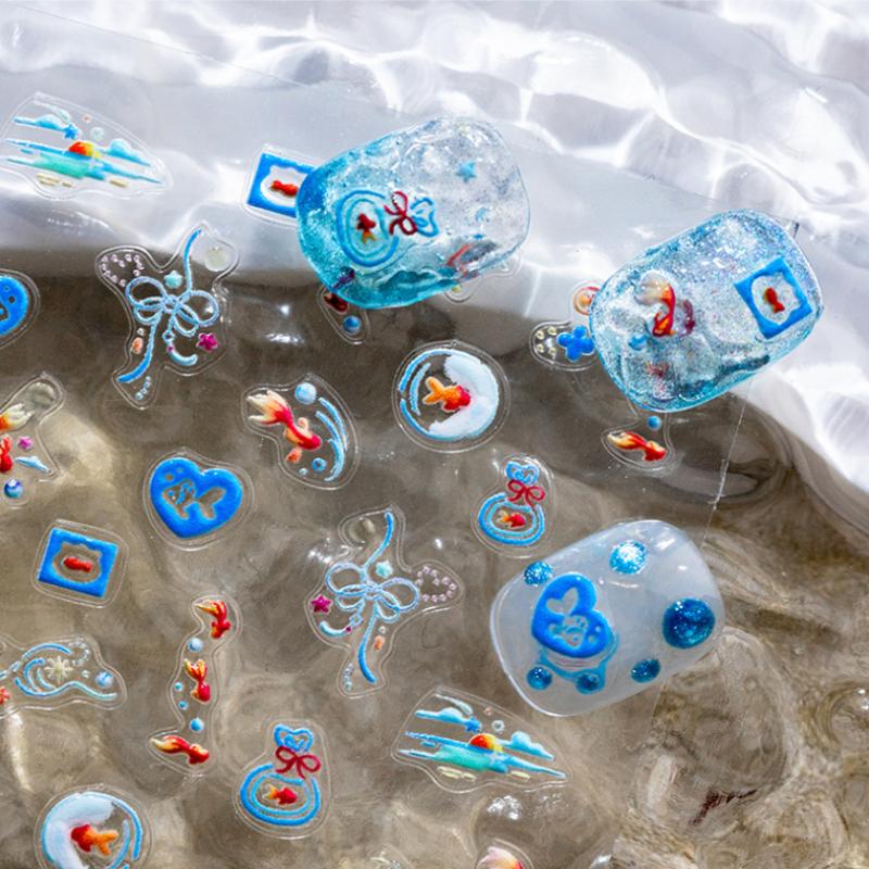 Shiny Goldfish Plastic Bag Seahorses Summer Jellyfish Starfish Shell Conch Koi Water Bubble Star Carp Nail Art Stickers Decals