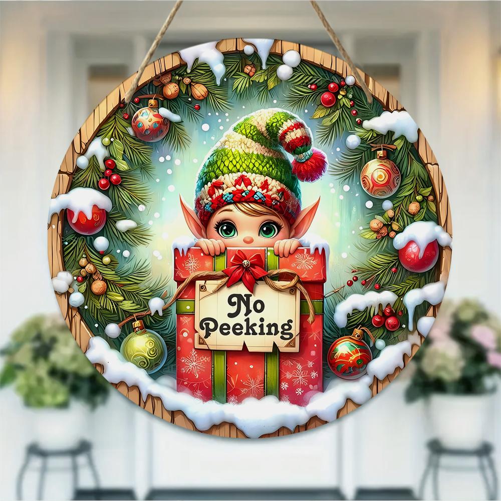 Christmas elf no peeking design Round Wooden Hanging Plaque festive pine wreath wall sign farmhouse indoor outdoor holiday party decor