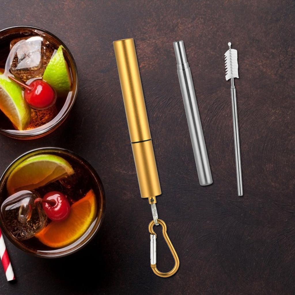 Retractable Stainless Steel Reusable Straw Kit(Gold Aluminum Case  Straw + Brush   Carabiner )