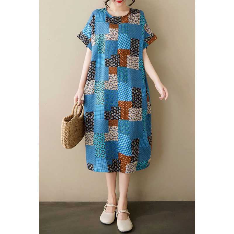 Summer Thin Cotton and Linen Retro Flower Art Knee Length Dress with Feminine Temperament