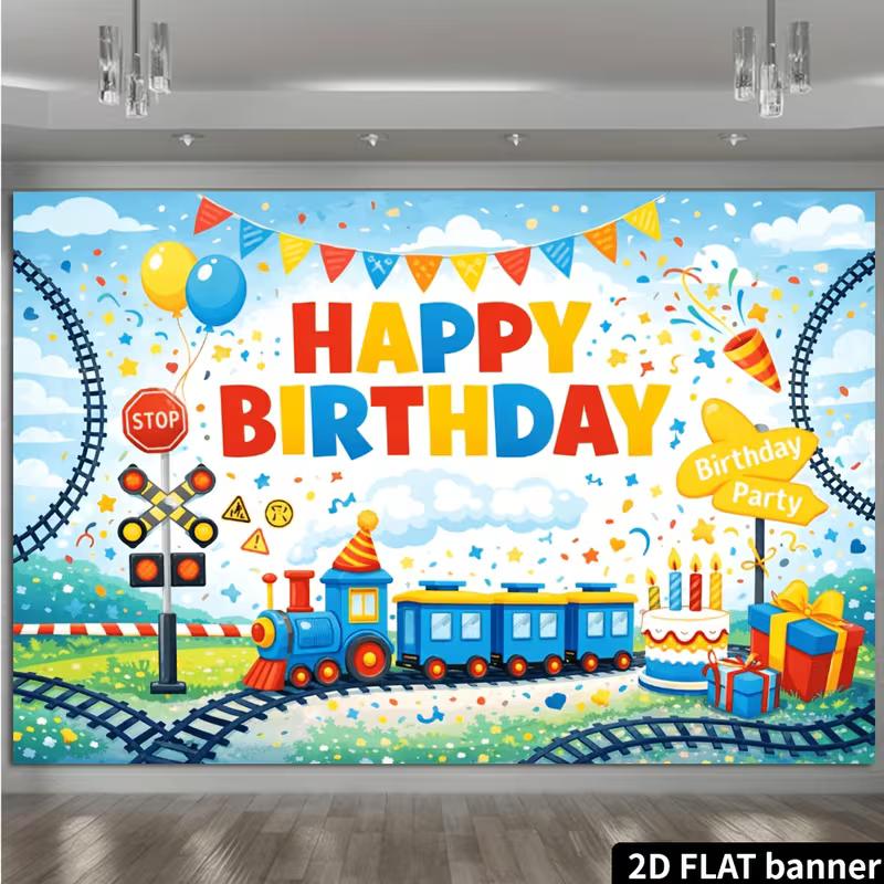 2D Railroad Cake Balloon Backdrop Birthday Shoot Banner