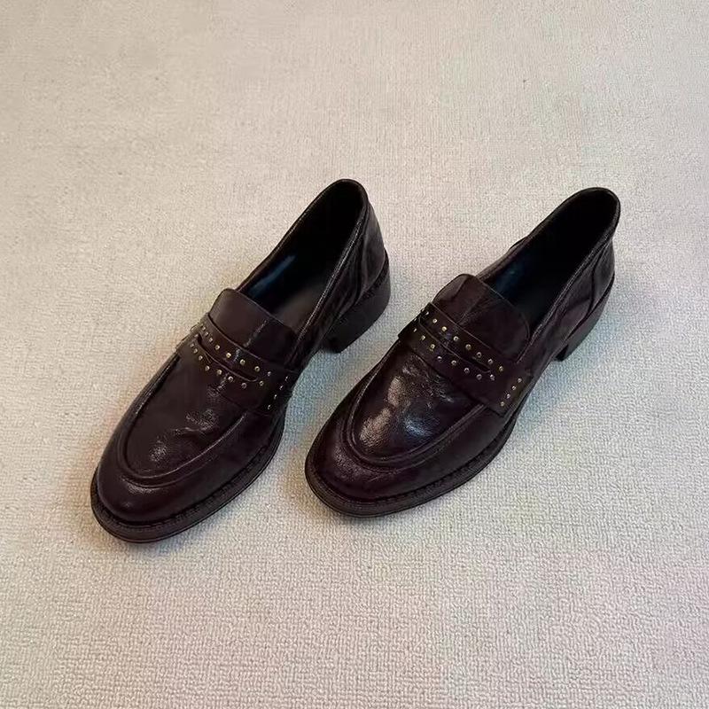 Cowhide Version~ Loafers Women's Genuine Leather Retro British Style Round Head Rivet Folds One Pedal Thick Heel Small Leather Shoes Women